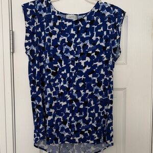 Tahari Blue Black White Abstract Cap Sleeve Blouse